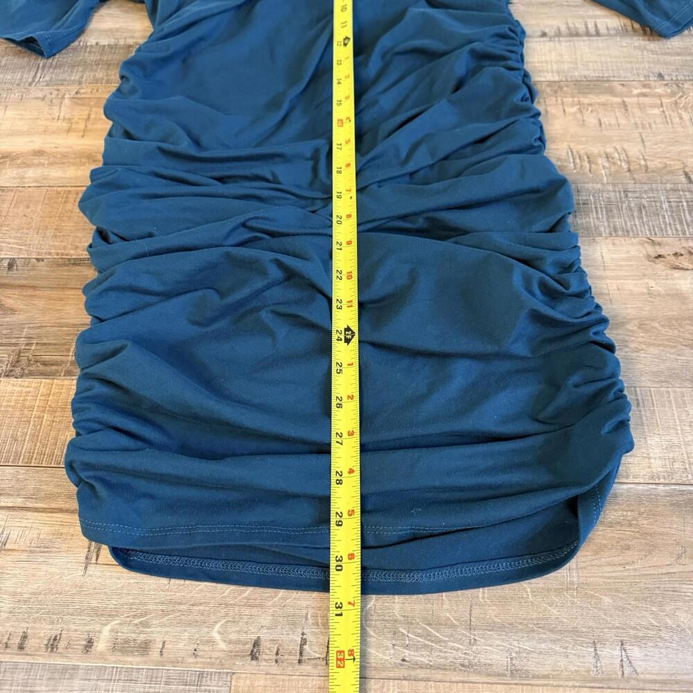 Mother Bee Blue/green midi Ruched Bodycon Dress Maternity M baby shower wedding - Picture 5 of 8